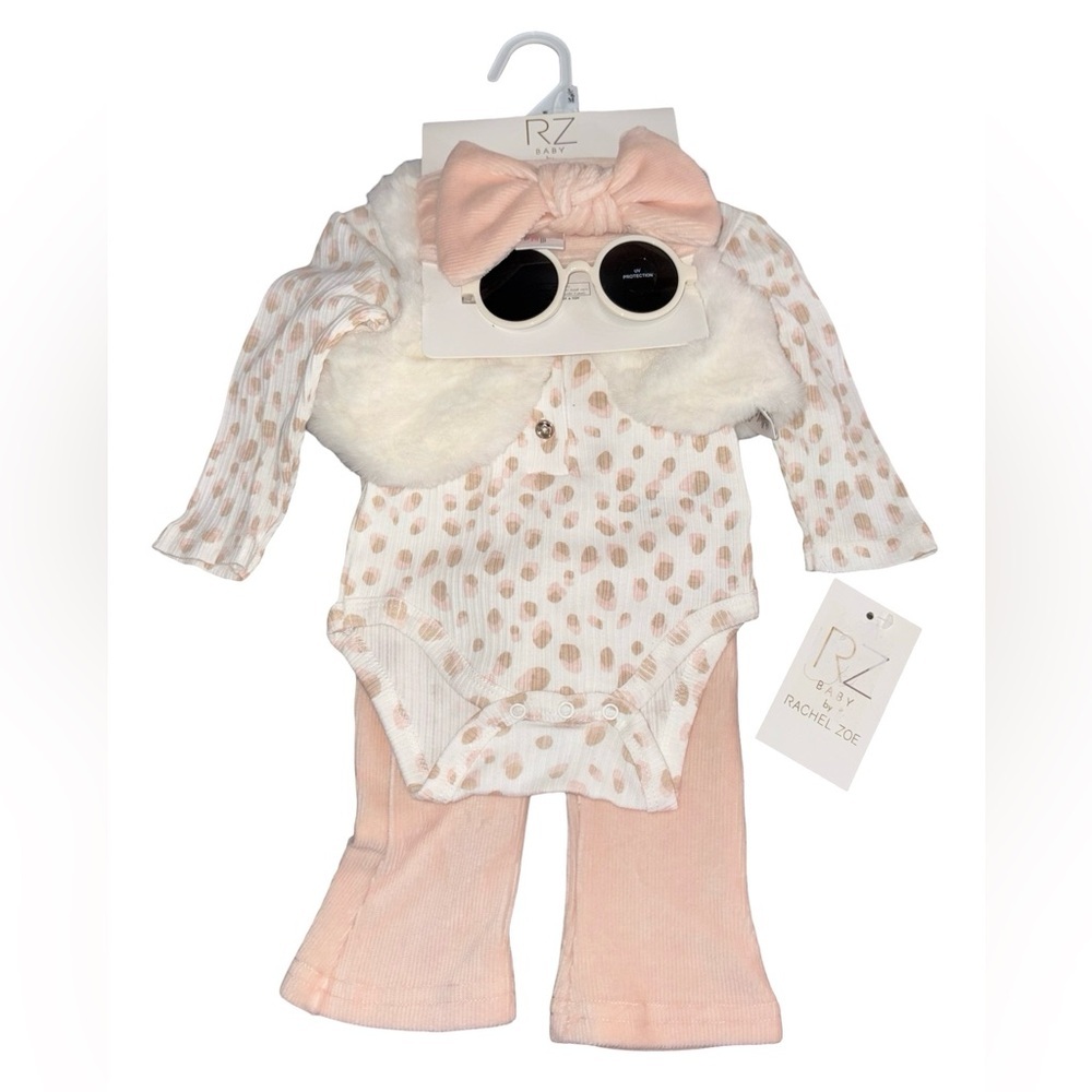 NWT Baby by Rachel Zoe 5-Pieces 3-6M Pink Leopard Outfit Faux Fur Vest & glasses